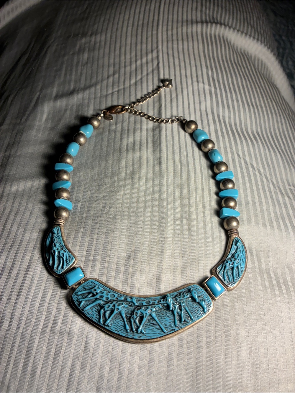 Very Unique Turquoise Blue Carved Panel Necklace